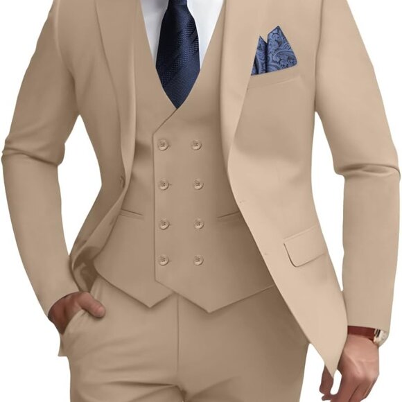 Men's Formal 3-Piece Champagne Suit Set: Slim Fit, Versatile for Weddings & More - Picture 1 of 7